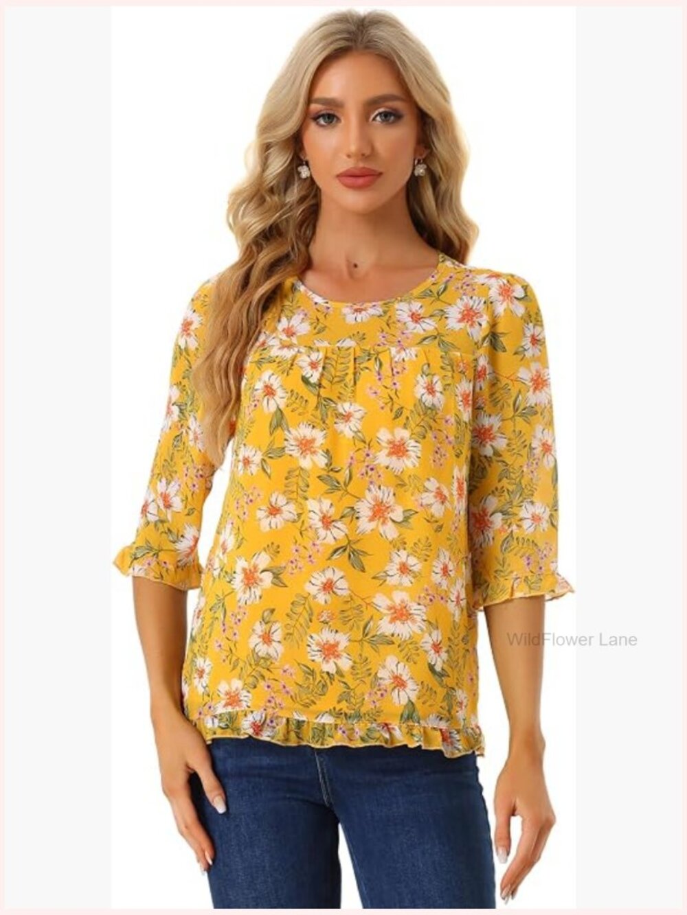 Chiffon Floral Blouse 3/4 Sleeve Casual Loose Fit Ruffle Top